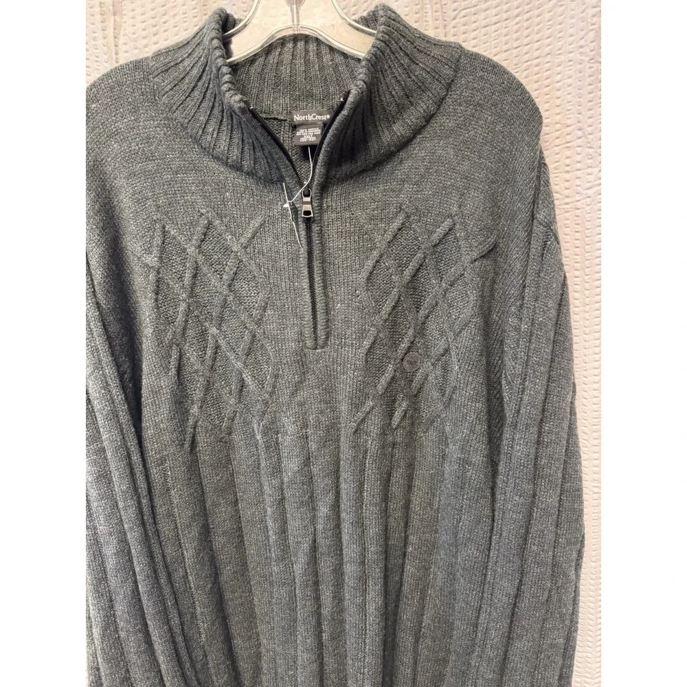 North Crest Men's Charcoal Grey Size XXLT 1/4 Zip Ribbed Cable Sweater Mock Neck
